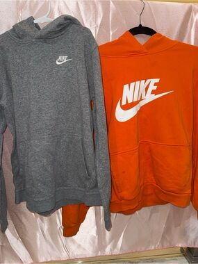 Kids Nike Pullover Hoodie Bundle - Grey (Size Large) & Orange (Size XL)
